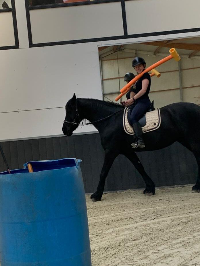 Een van onze trainingen met Imke, ze hielt niet van standaard dressuurtraining, maar moest echt afvallen. Rijden vindt ze leuk mits je er een spel van maakt. We plaatsten tonnen in de bak en pakte daar een vlag of slurf uit om deze vervolgens in de volgende ton te plaatsen.
